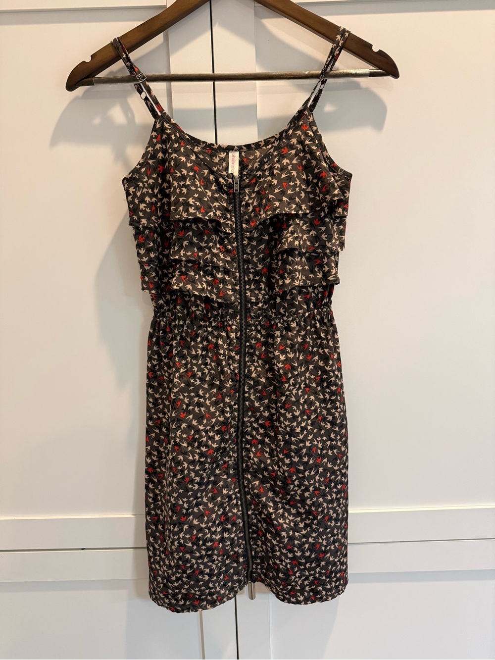 Xhilaration XS Bird Print Ruffle Zip Front Mini Dress Y2K Indie